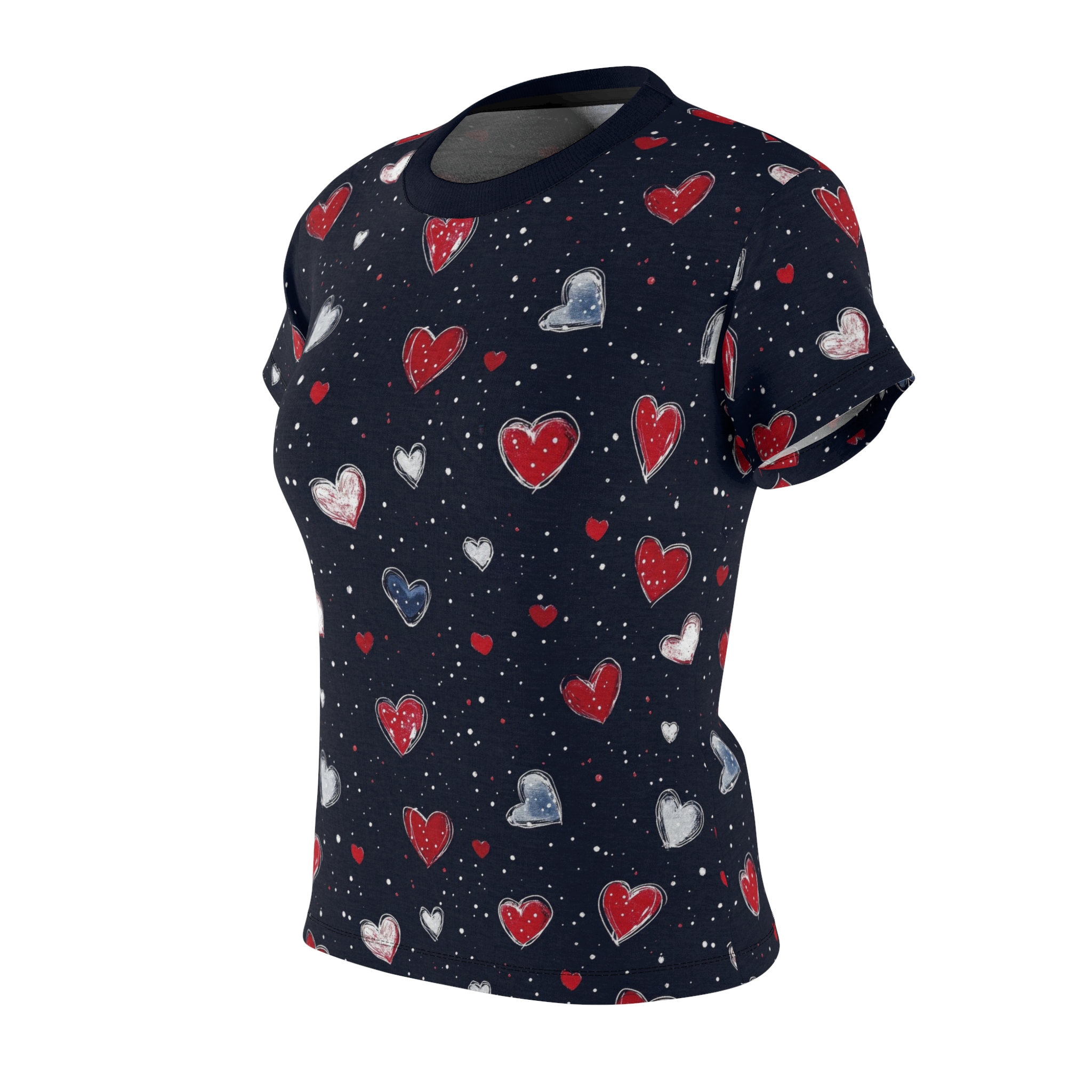 Women's Heart-Print Tee — Red & Blue Watercolor Hearts All-Over Print - Image 4