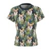All over print sublimation tee showcasing a charming repeat pattern of happy corgis in a lush garden setting.