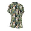 Cute watercolor corgi dogs in lush green foliage and wildflowers all over print sublimation tee.