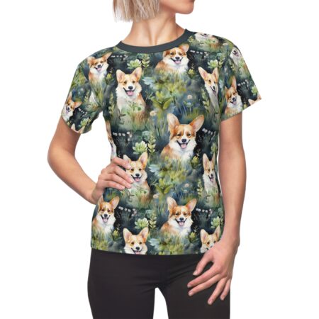 All over print sublimation tee featuring watercolor corgi dogs and lush garden foliage. Seamless wrap around graphic.