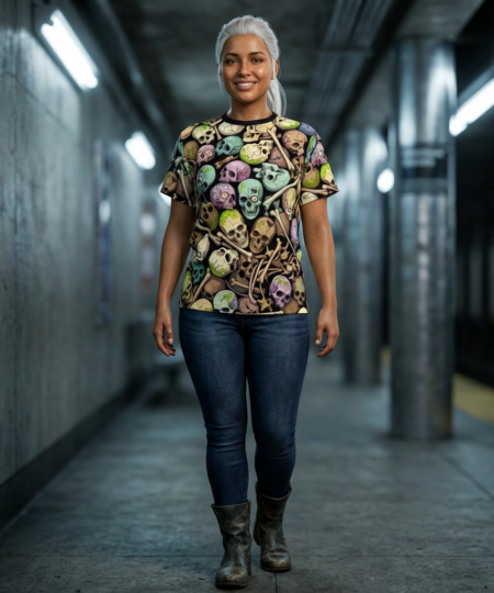 All-Over Print Skull Pile Tee — Colorful Horror Graphic T-Shirt