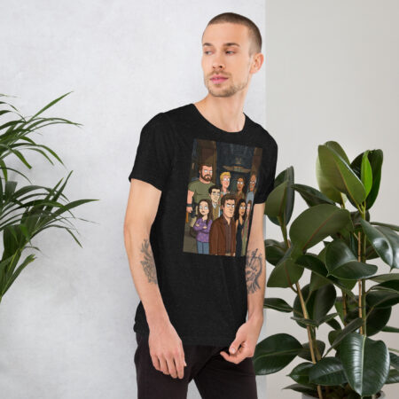 Dark t-shirt with an animated group of characters, including men and women, in a street scene graphic.