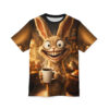 Fuzzy rabbit with wide eyes and a huge grin holds a steaming mug of coffee on this all over print t-shirt.