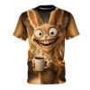 Furry, wide-eyed rabbit with a huge grin holding a coffee mug, printed on an all over print t-shirt.