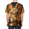 A furry, wide-eyed rabbit in a coffee mug all over print t-shirt, with a grin and a cup.