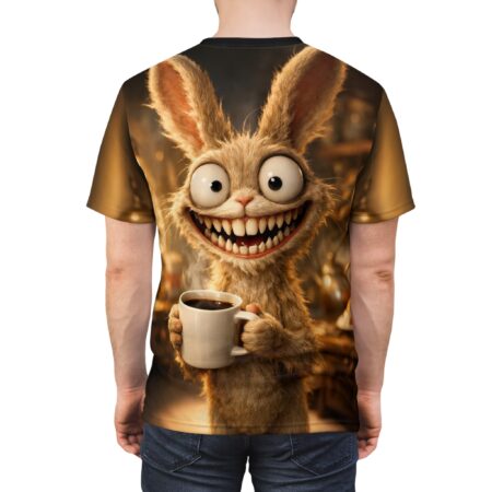 Vibrant Bunny Coffee Tee — Cute Creepy Rabbit Mug All-Over Print Shirt – eye-catching full print casual top