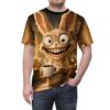 A fuzzy brown rabbit with wide, cartoonish eyes and a huge grin holds a coffee mug, depicted on an all over print t-shirt.