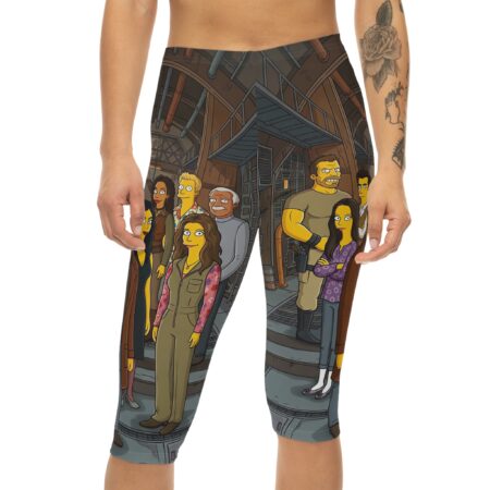 Stretchy Capri Leggings - Animated Yellow Cartoon Characters All Over Print – eye-catching printed capri pants - Detail View 2
