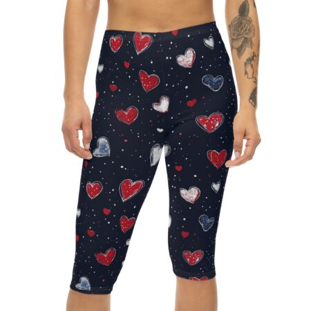 Vibrant Capri Leggings - Navy Red & White Heart Print (Valentine’s Day) – high-waisted all-over design leggings