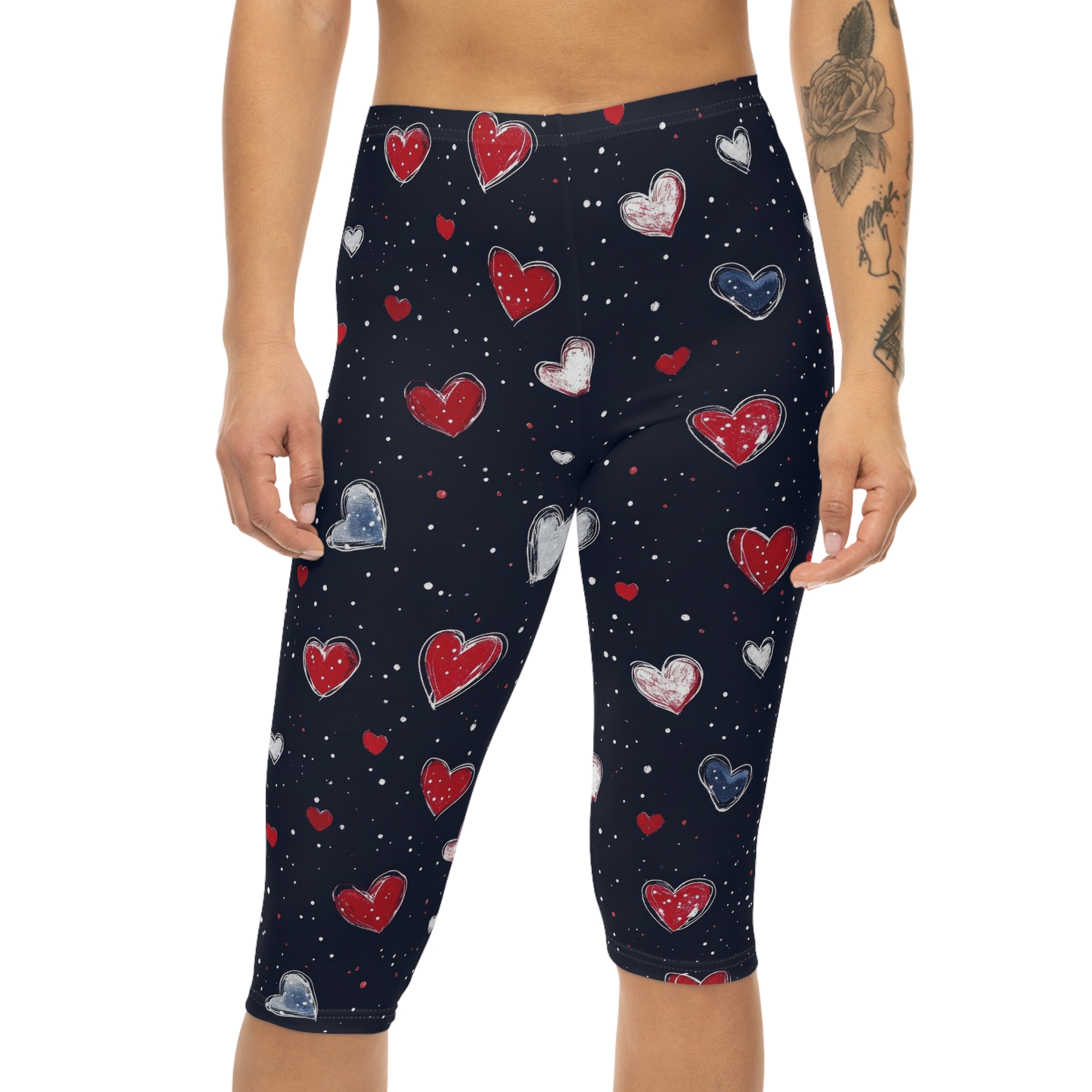 Stretchy Capri Leggings - Navy Red / White Heart Print – eye-catching printed capri pants - Main View