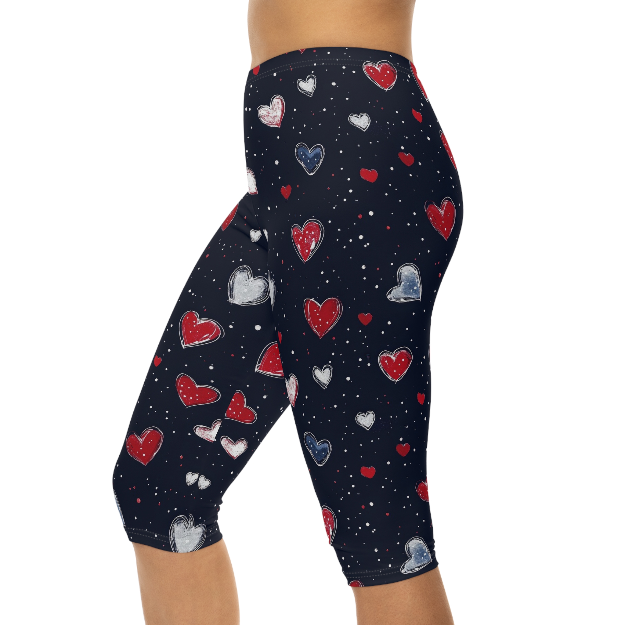 Stretchy Capri Leggings - Navy Red / White Heart Print – eye-catching printed capri pants - Detail View 4