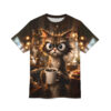 Grumpy cat with wide eyes clutching a coffee mug, surrounded by a cozy, blurred cafe scene, all over print t-shirt.