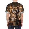 Fluffy cat with huge eyes holding a coffee mug, printed on an all over print t-shirt.