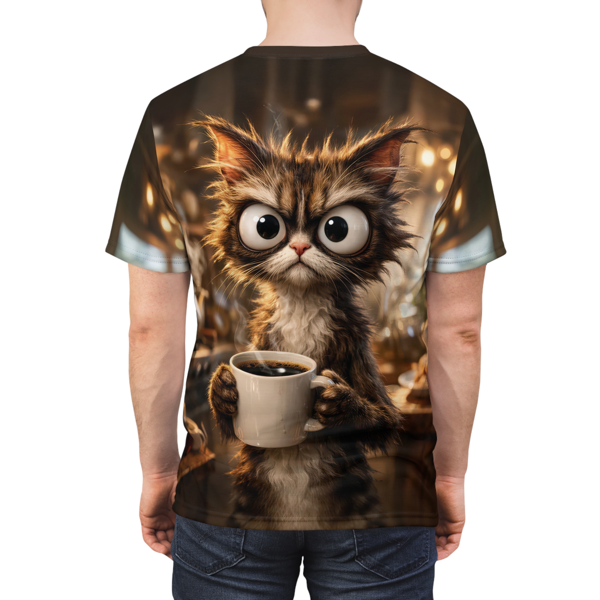 Fluffy cat with huge eyes holding a coffee mug, printed on an all over print t-shirt.