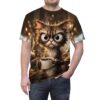 Fluffy cat with huge eyes holding a coffee cup, on an all over print t-shirt.