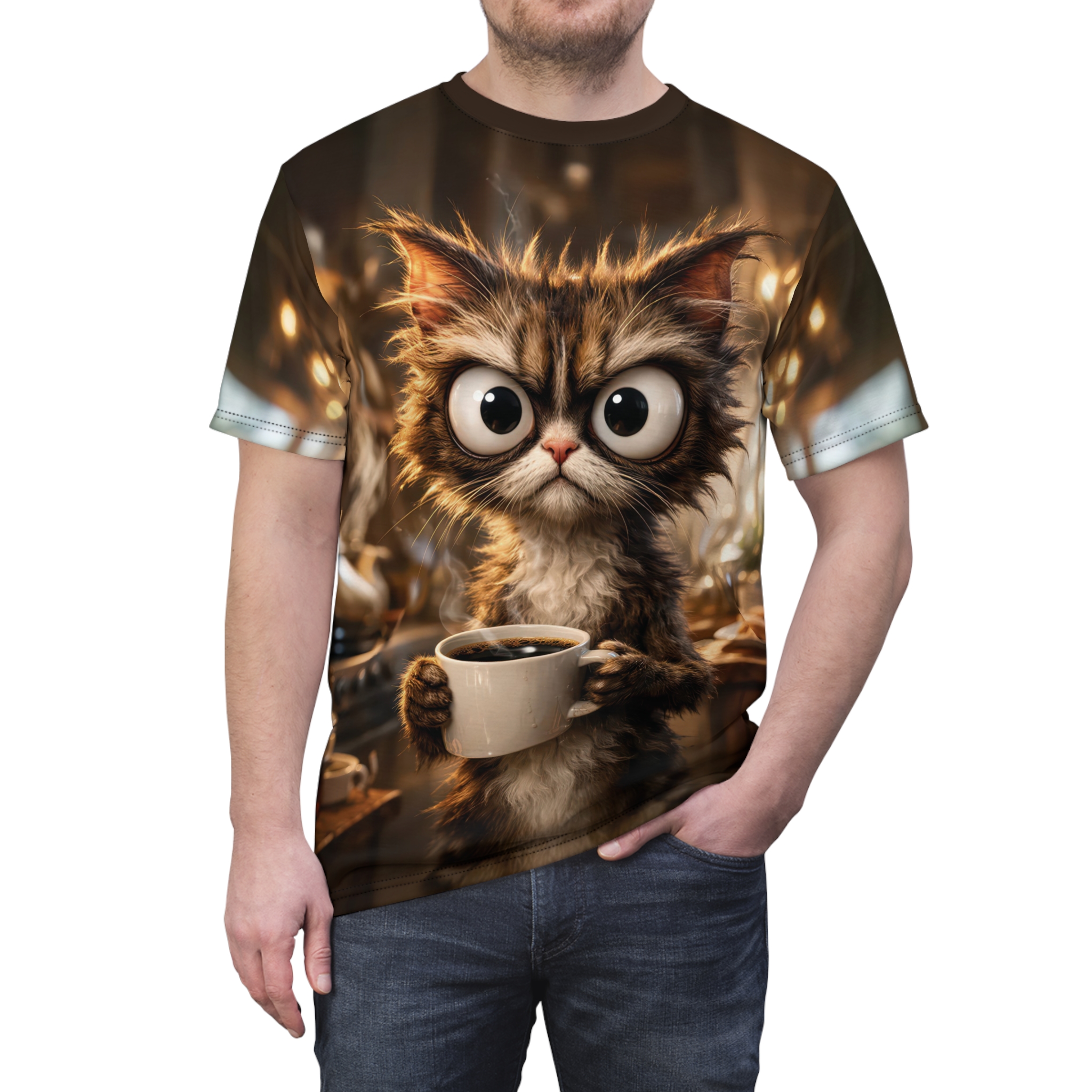 Fluffy cat with huge eyes holding a coffee cup, on an all over print t-shirt.