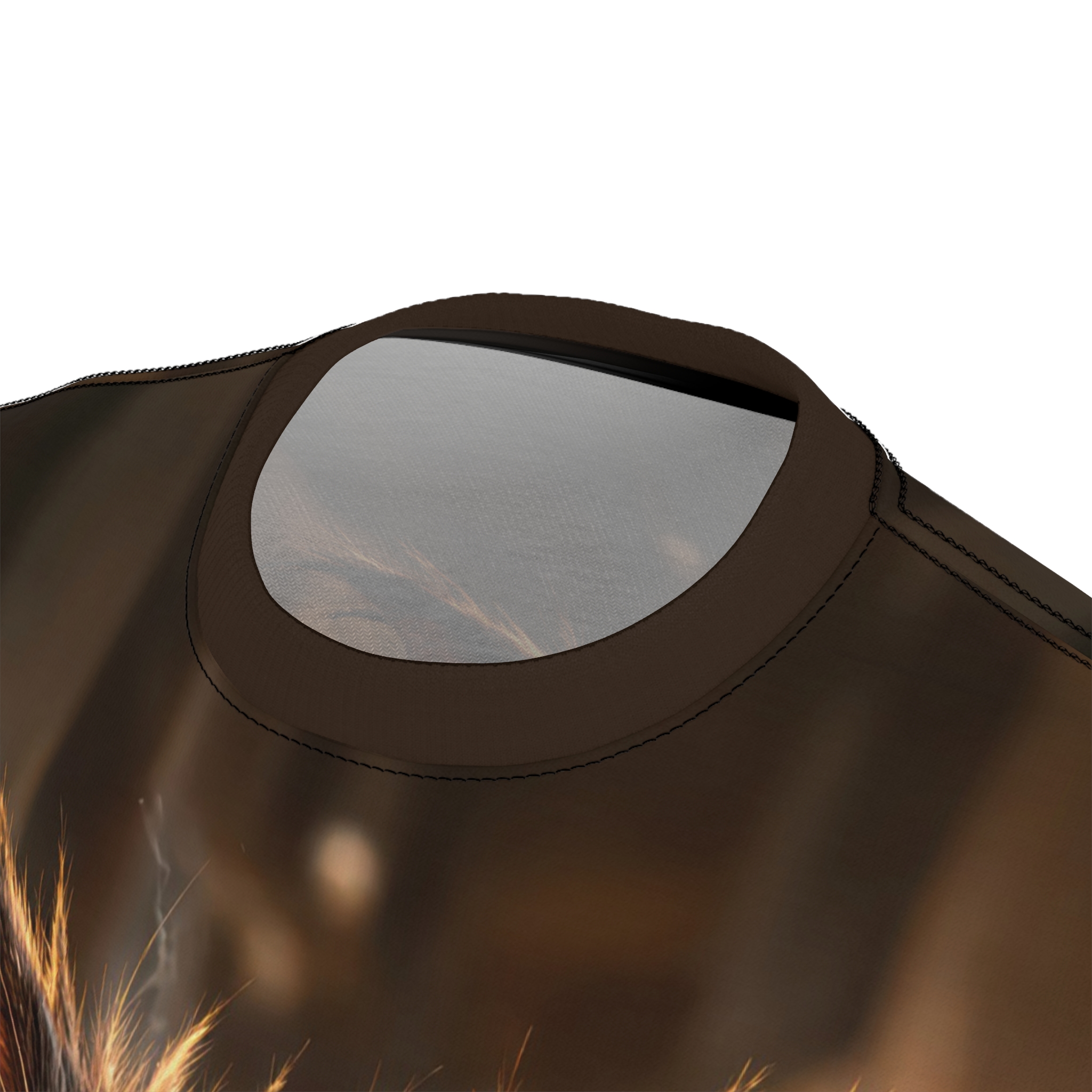 Warm brown and golden tones with a cat's face emerging from fiery wisps. This all over print t-shirt is bold.