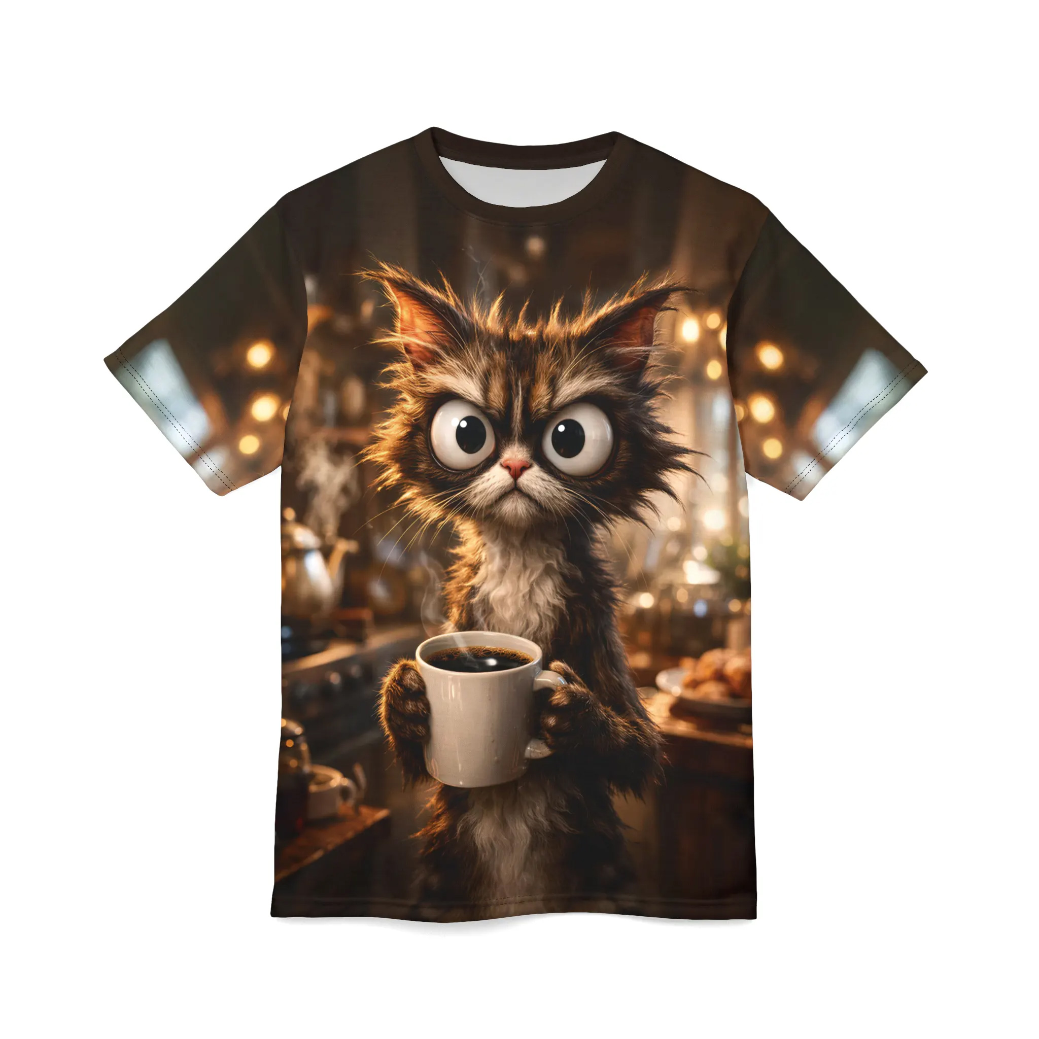Grumpy cat with wide eyes clutching a coffee mug, surrounded by a cozy, blurred cafe scene, all over print t-shirt.