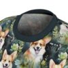 Adorable corgi dogs in a lush garden, seamless all over print sublimation tee with watercolor style.