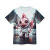 Pink fish character in a hoodie on a wet city street, all over print t-shirt.