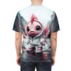 Pink fish character in hoodie and sneakers on a wet city street, all over print t-shirt.