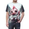 Pink fish character in a hoodie and sneakers on a wet street, printed on an all over print t-shirt.