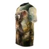 Fluffy koala with wide eyes holding a steaming mug, set against a blurred forest background on this all over print t-shirt.