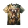 Big-eyed koala holding a steaming cup of tea. This all over print t-shirt features a whimsical forest background.