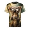 A fuzzy koala with wide eyes holds a steamy cup of tea on this all over print t-shirt.