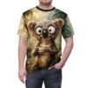 Whimsical koala with big eyes holding a steaming cup of tea, printed on an all over print t-shirt.
