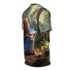 A blue cartoon snail with big eyes and a wide grin on a forest floor, covering this all over print t-shirt.