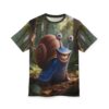 A cheerful blue snail with big blue eyes and a wide grin, printed all over this t-shirt, set against a forest background.