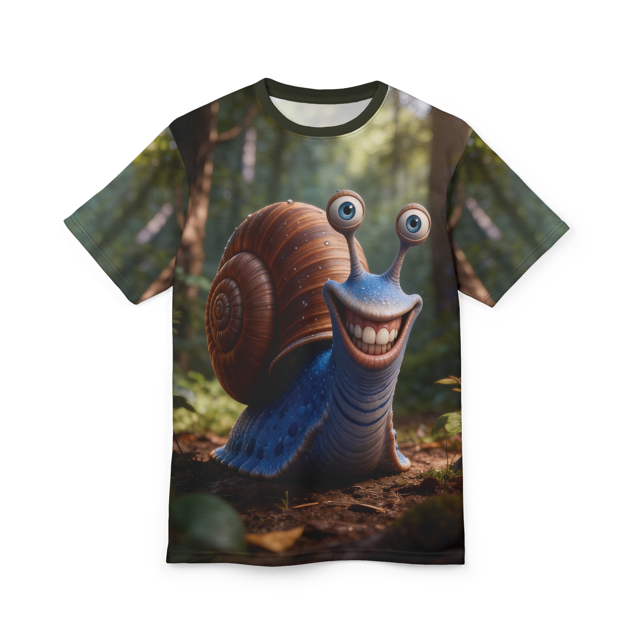 A cheerful blue snail with big blue eyes and a wide grin, printed all over this t-shirt, set against a forest background.