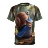 A cartoon snail with big blue eyes and a wide grin covers this all over print t-shirt.