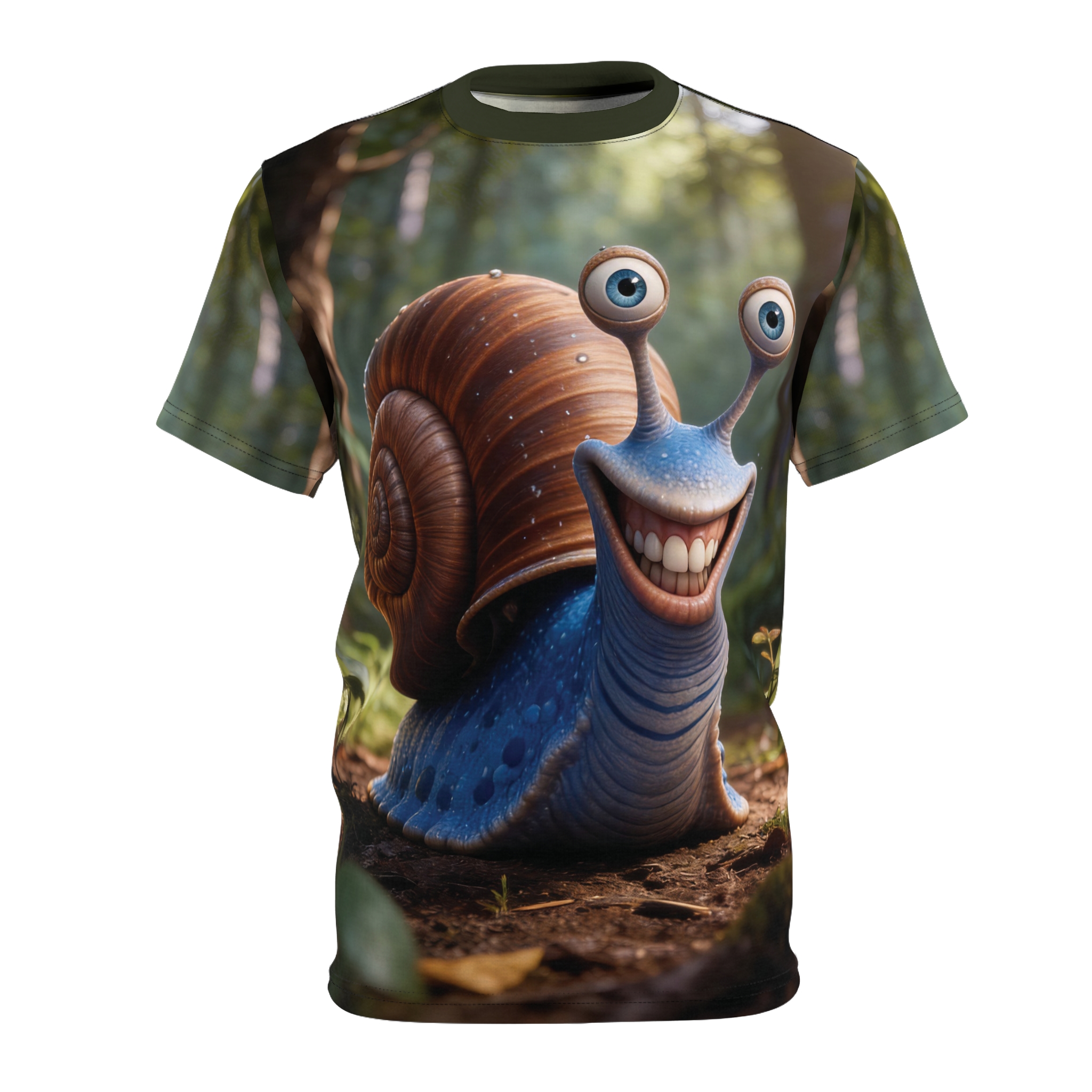 A cartoon snail with big blue eyes and a wide grin covers this all over print t-shirt.