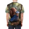 A blue cartoon snail with big eyes and a wide grin is the focus of this all over print t-shirt.