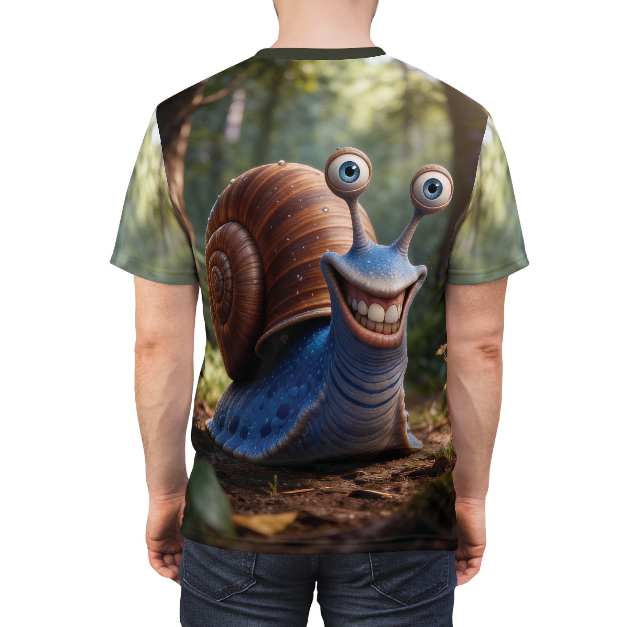 A blue cartoon snail with big eyes and a wide grin is the focus of this all over print t-shirt.
