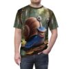 A cheerful blue snail with big eyes and a wide grin is featured on this all over print t-shirt, set against a forest background.