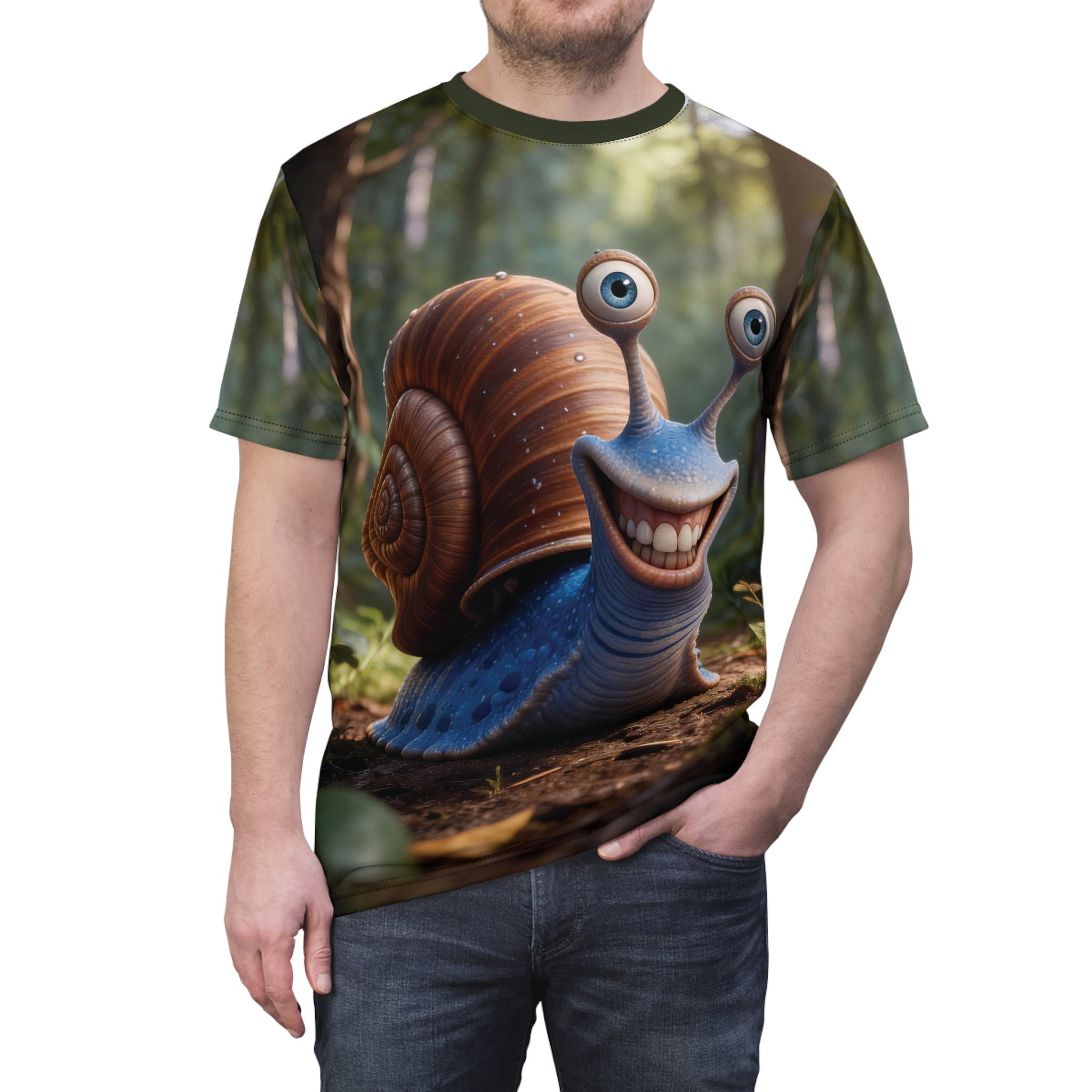 A cheerful blue snail with big eyes and a wide grin is featured on this all over print t-shirt, set against a forest background.