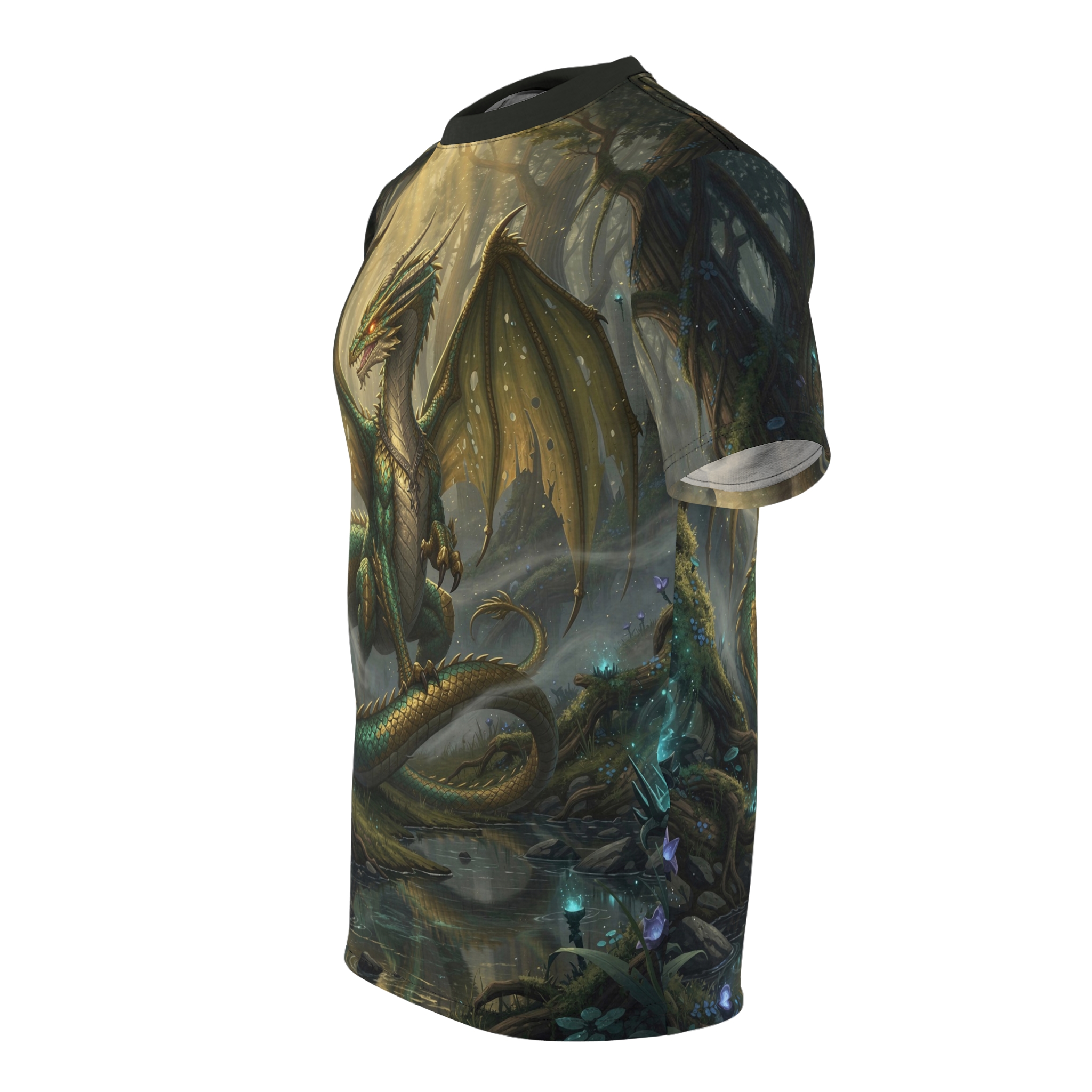 A green dragon with golden wings sits by a misty forest lake, depicted on an all over print t-shirt.
