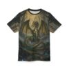 Green dragon with golden wings sits in a misty forest, on this all over print t-shirt.