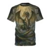 Green dragon in a misty forest with sunbeams and glowing orbs, an all over print t-shirt.