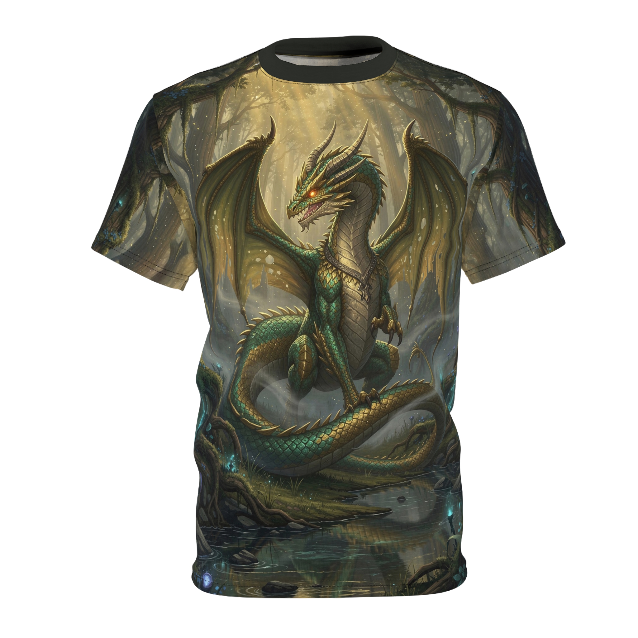 Green dragon in a misty forest with sunbeams and glowing orbs, an all over print t-shirt.