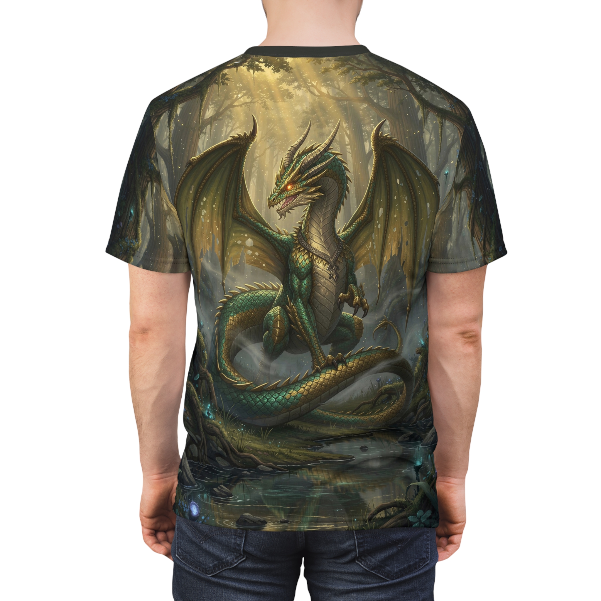 Green dragon in a misty forest with sunbeams, a full print shirt.
