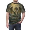 Green dragon in a mystical forest, sunlight beams through trees, all over print t-shirt.