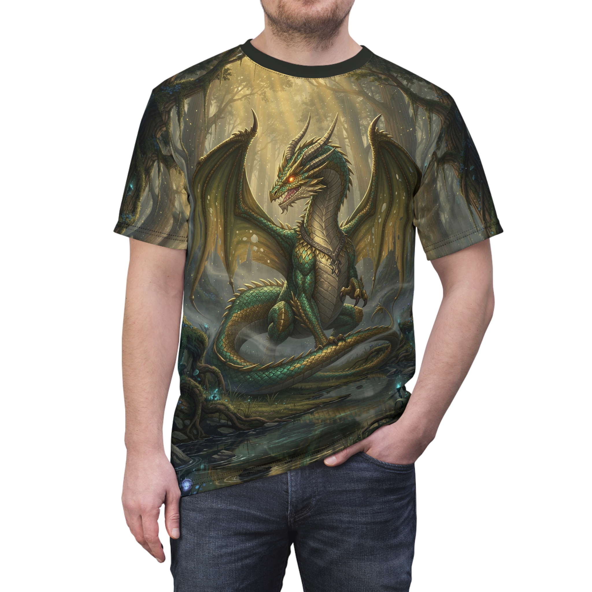 Green dragon in a mystical forest, sunlight beams through trees, all over print t-shirt.