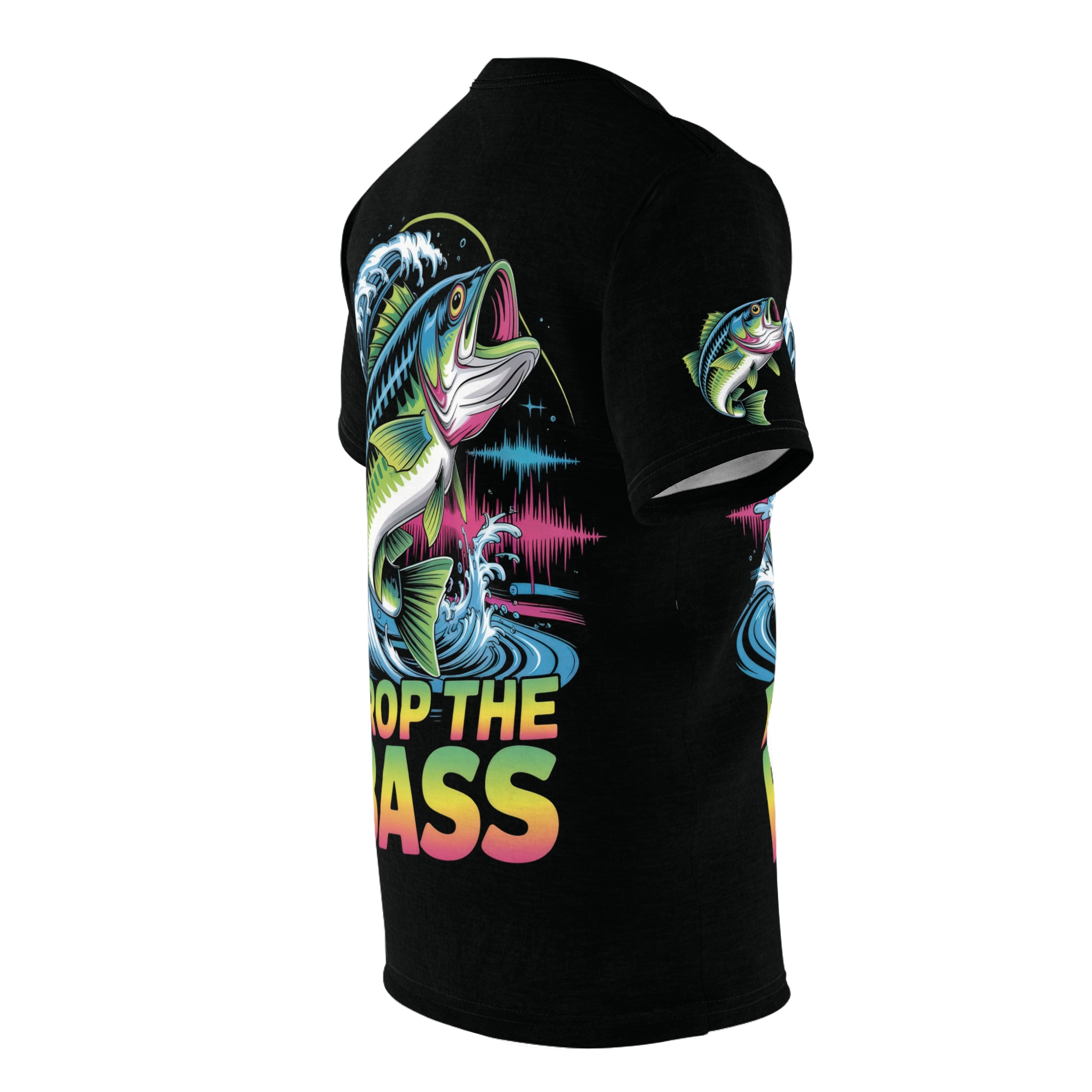 Vibrant bass fish graphics and colorful soundwave patterns cover this all over print apparel, featuring water splashes and bold text.
