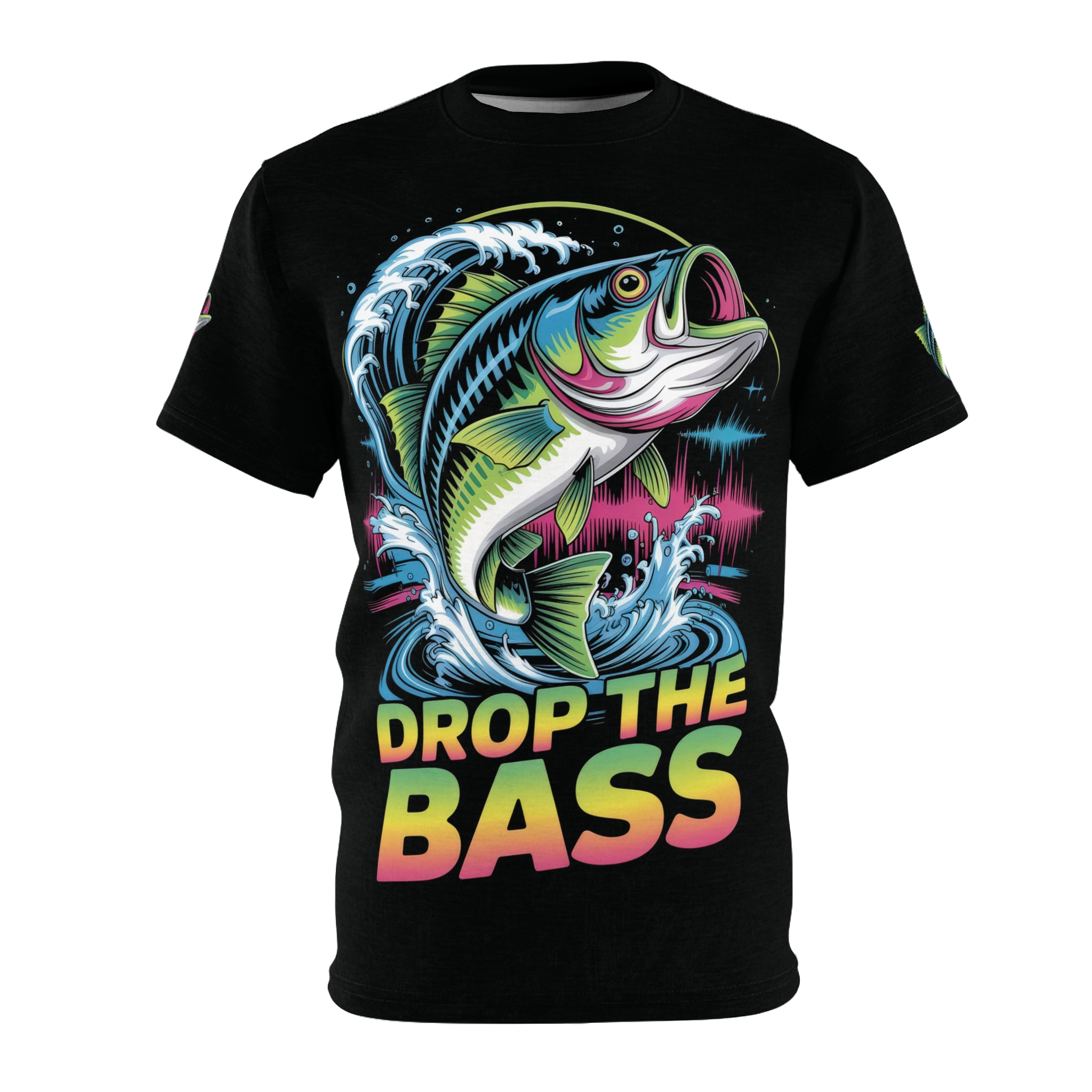 Vivid neon pink, blue, green, and yellow color splashes and water waves cover this oversized full print tee, depicting a jumping bass fish and bold text.