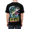 Vibrant neon pink and blue soundwave patterns and crashing waves surround a jumping bass fish on this black graphic streetwear tee.