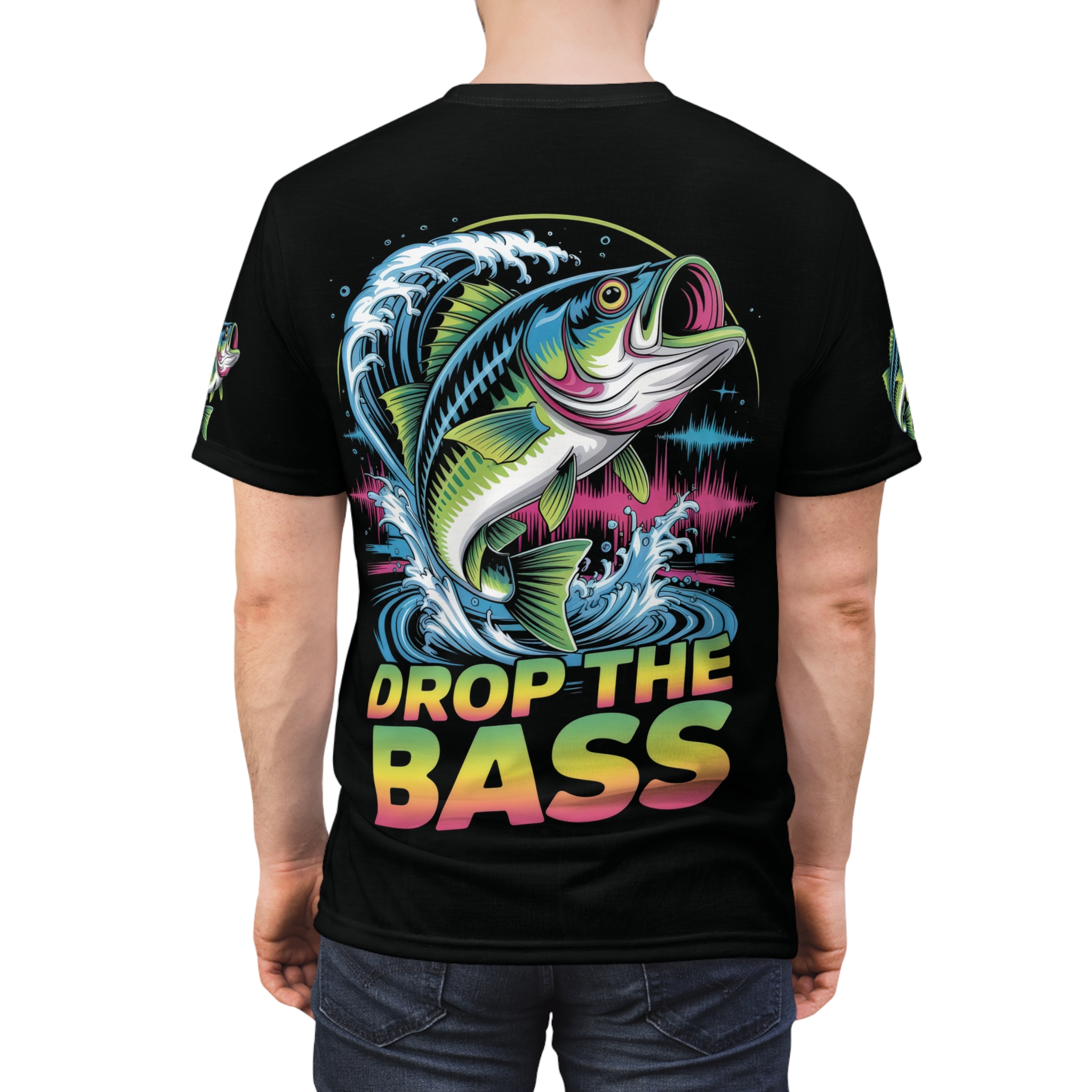 Vibrant neon pink and blue soundwave patterns and crashing waves surround a jumping bass fish on this black graphic streetwear tee.